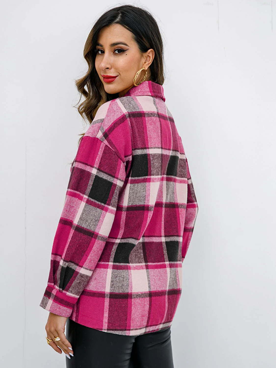 Shiny Plaid Button Up Collared Neck Jacket - Image 11