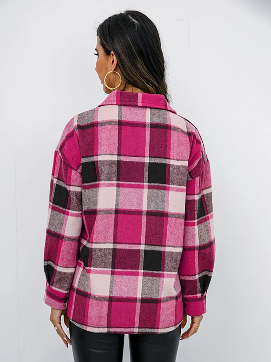 Shiny Plaid Button Up Collared Neck Jacket - Image 12