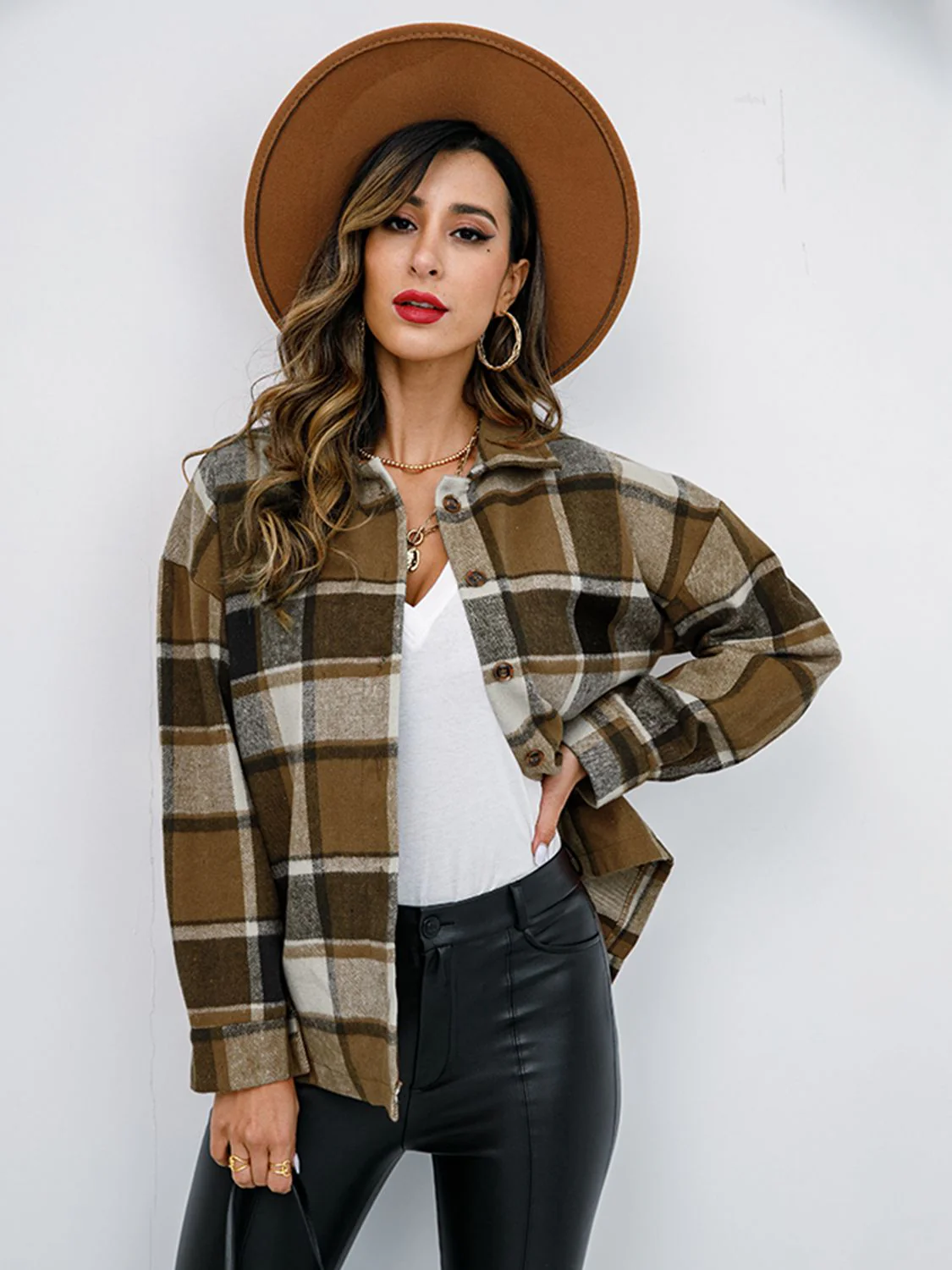 Shiny Plaid Button Up Collared Neck Jacket - Image 13