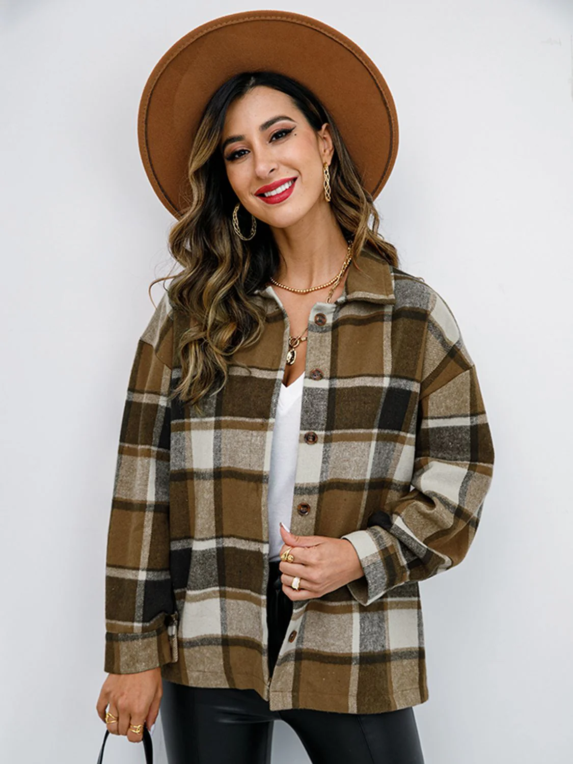 Shiny Plaid Button Up Collared Neck Jacket - Image 14