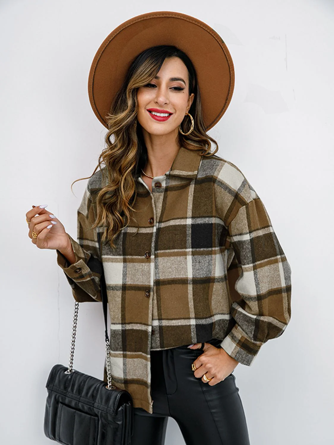 Shiny Plaid Button Up Collared Neck Jacket - Image 15