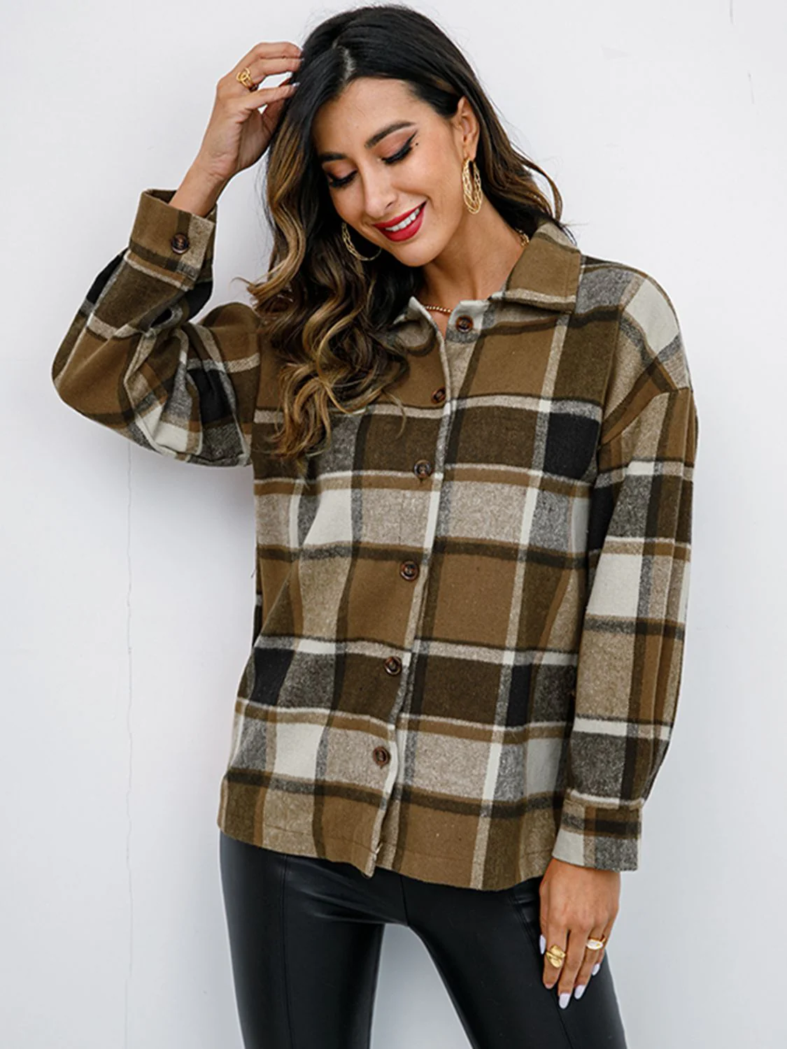 Shiny Plaid Button Up Collared Neck Jacket - Image 16