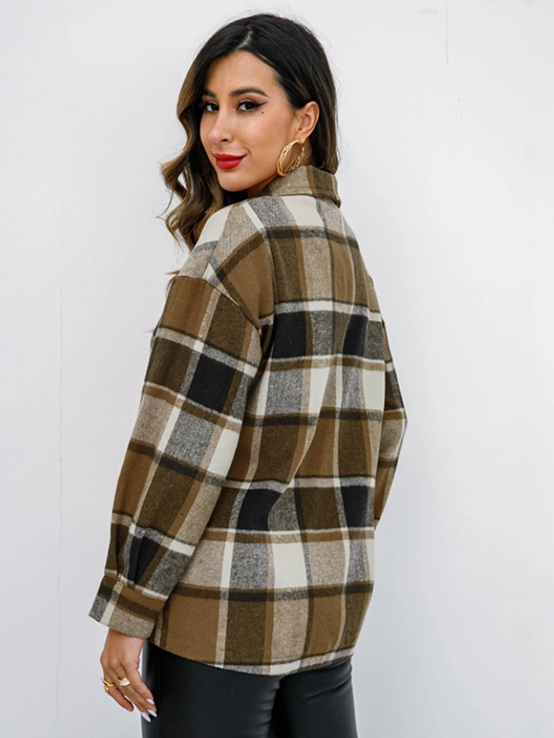 Shiny Plaid Button Up Collared Neck Jacket - Image 17