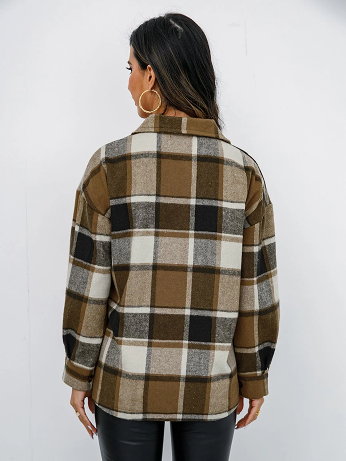 Shiny Plaid Button Up Collared Neck Jacket - Image 18
