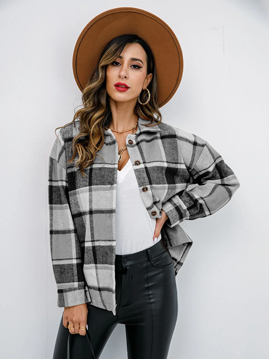 Shiny Plaid Button Up Collared Neck Jacket - Image 19