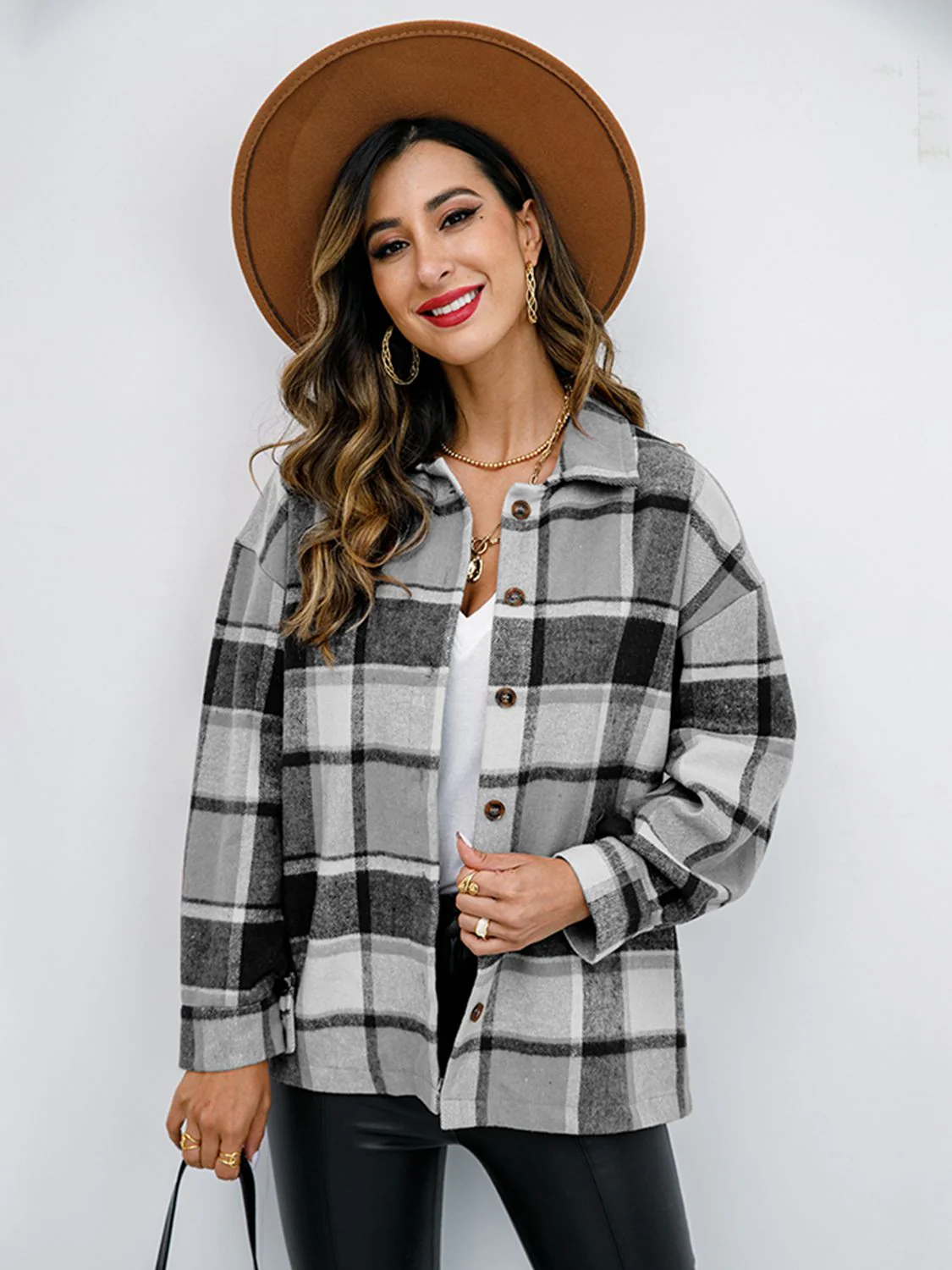 Shiny Plaid Button Up Collared Neck Jacket - Image 20