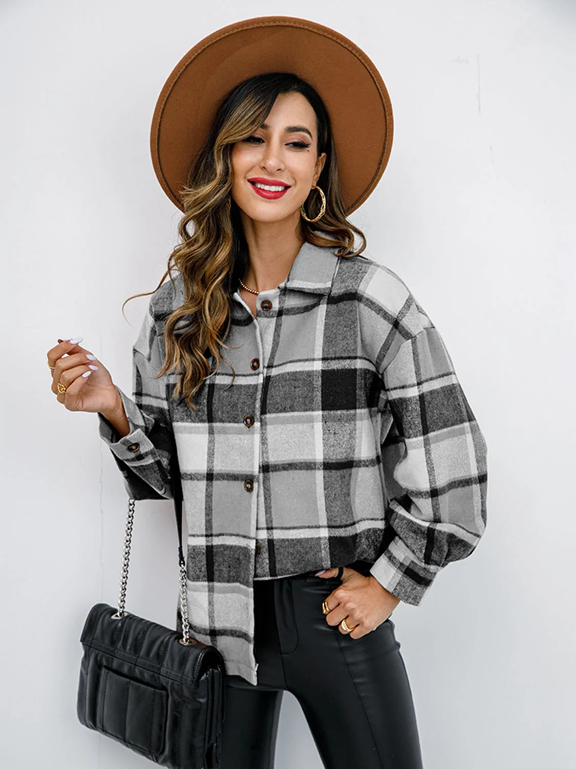 Shiny Plaid Button Up Collared Neck Jacket - Image 21