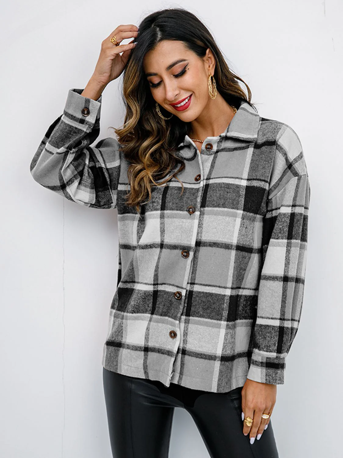 Shiny Plaid Button Up Collared Neck Jacket - Image 22
