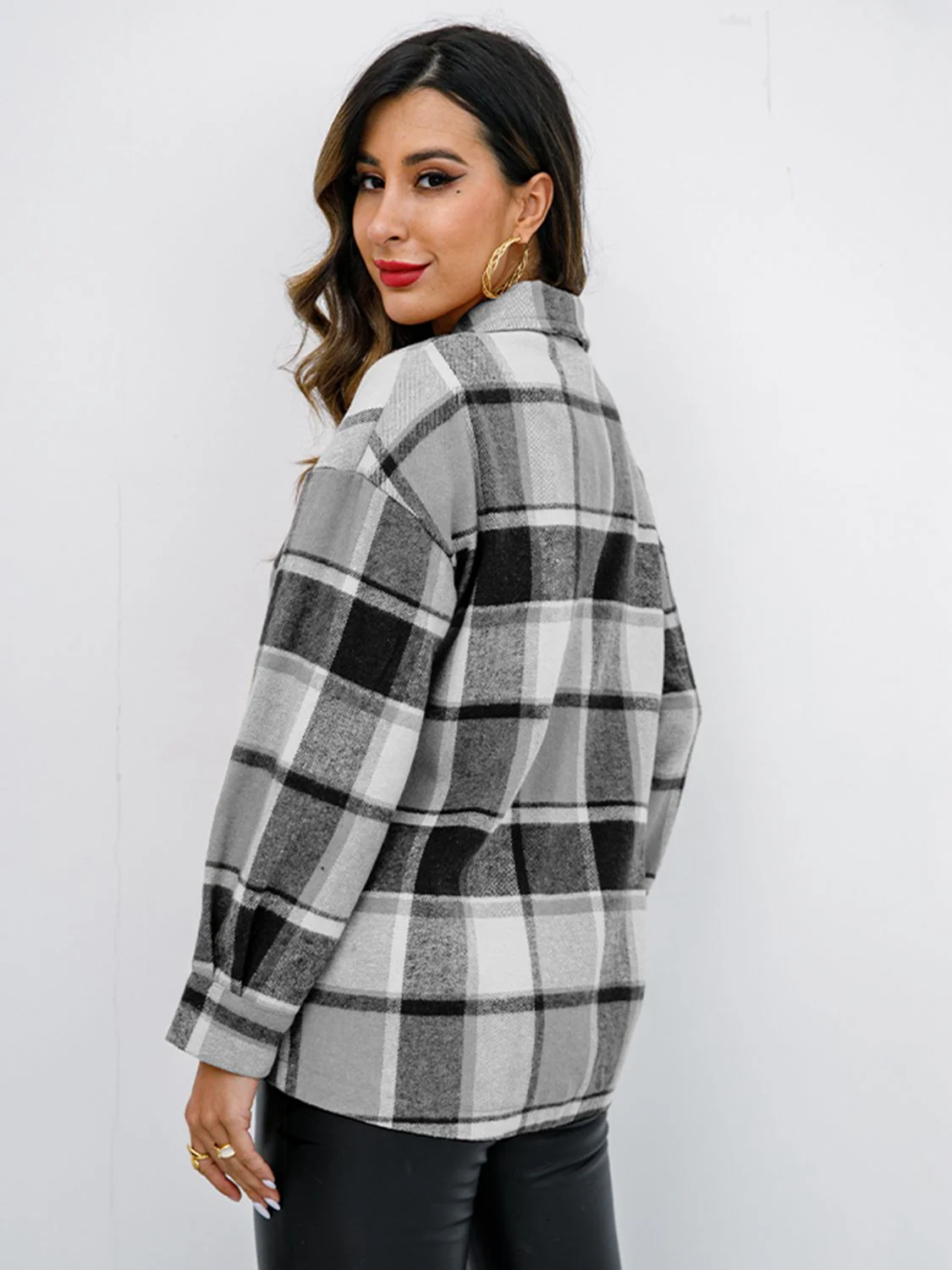 Shiny Plaid Button Up Collared Neck Jacket - Image 23