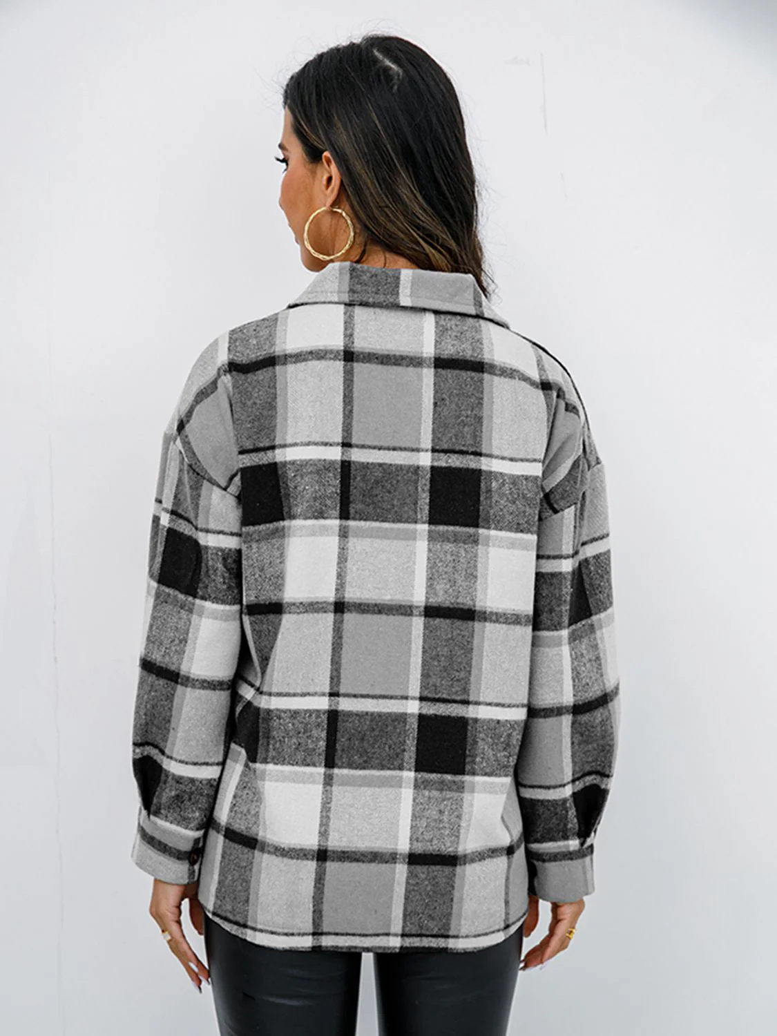 Shiny Plaid Button Up Collared Neck Jacket - Image 24