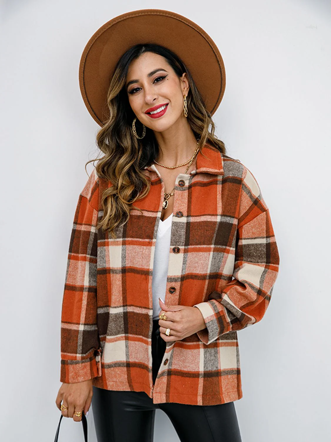 Shiny Plaid Button Up Collared Neck Jacket - Image 3