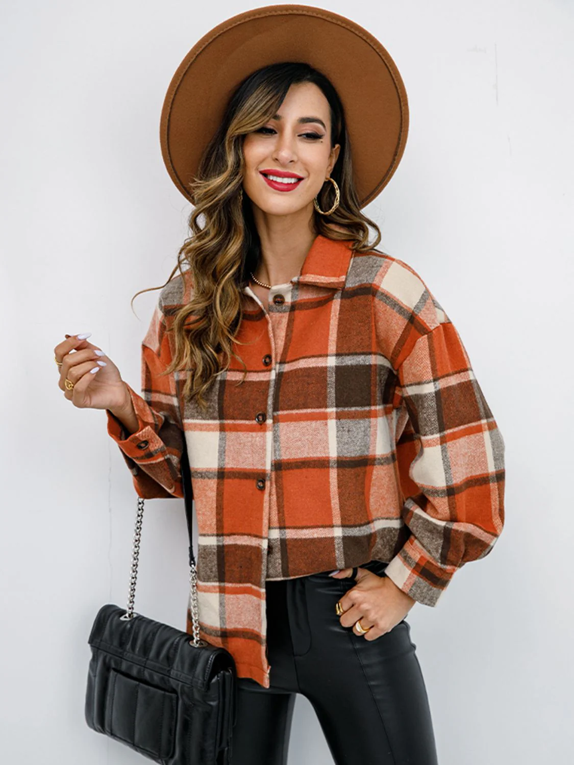 Shiny Plaid Button Up Collared Neck Jacket - Image 4