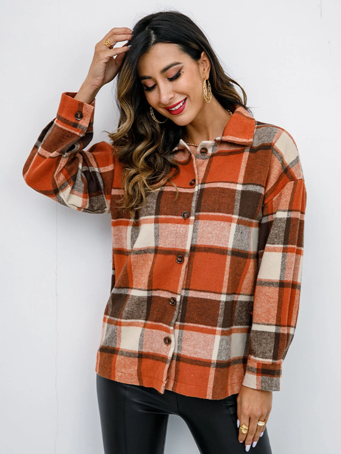 Shiny Plaid Button Up Collared Neck Jacket - Image 5