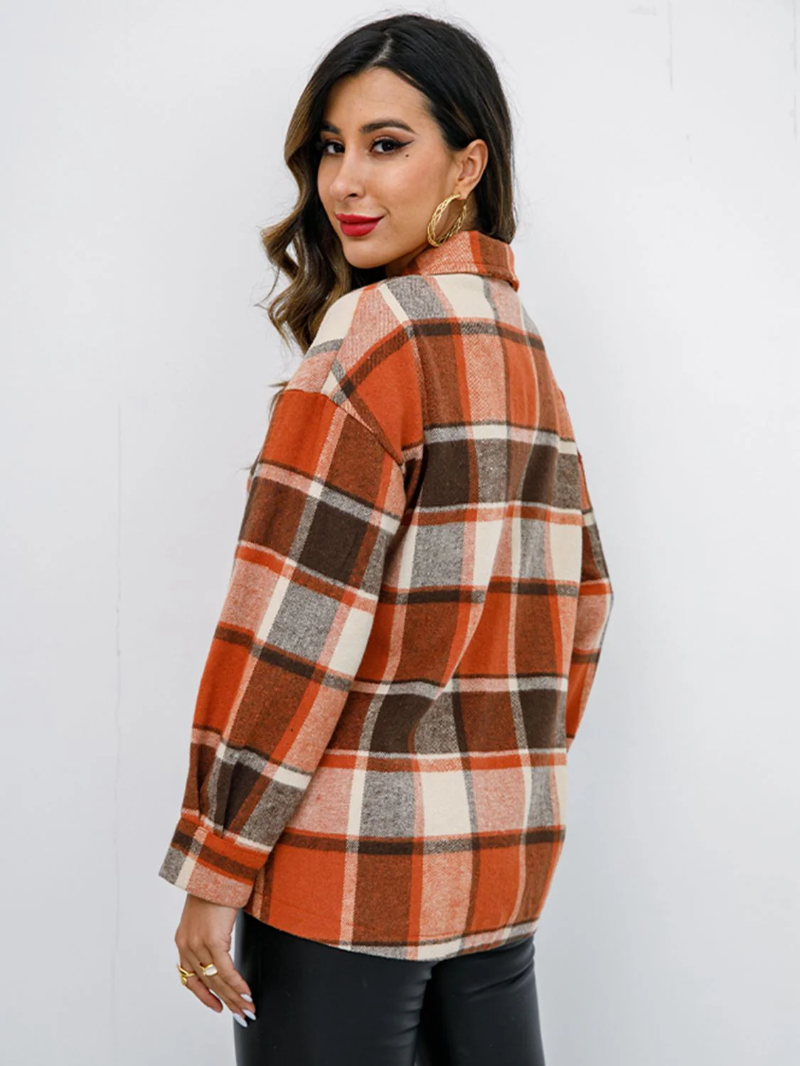 Shiny Plaid Button Up Collared Neck Jacket - Image 6