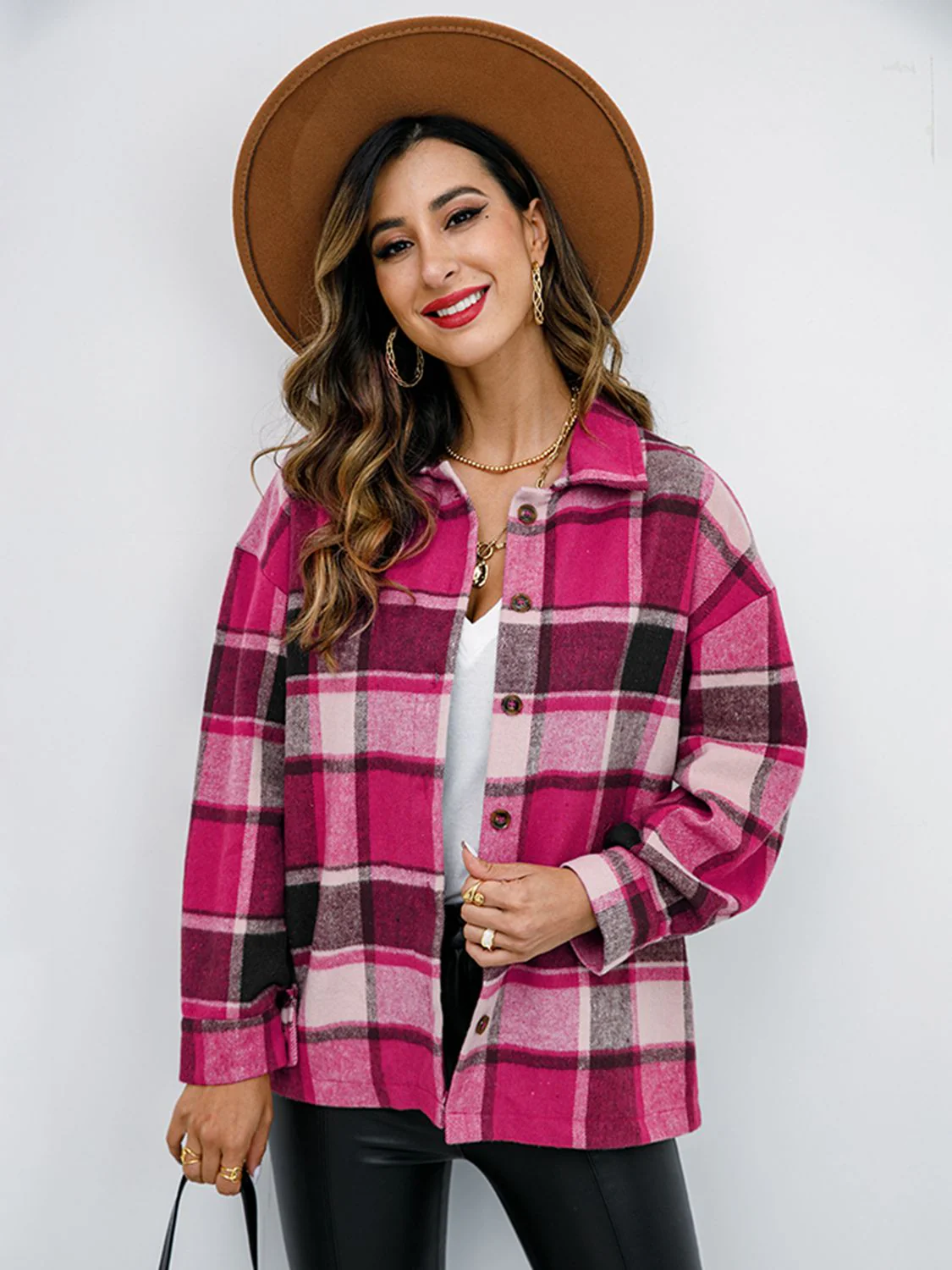 Shiny Plaid Button Up Collared Neck Jacket - Image 7