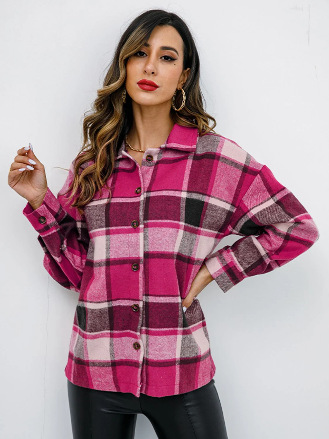 Shiny Plaid Button Up Collared Neck Jacket - Image 8