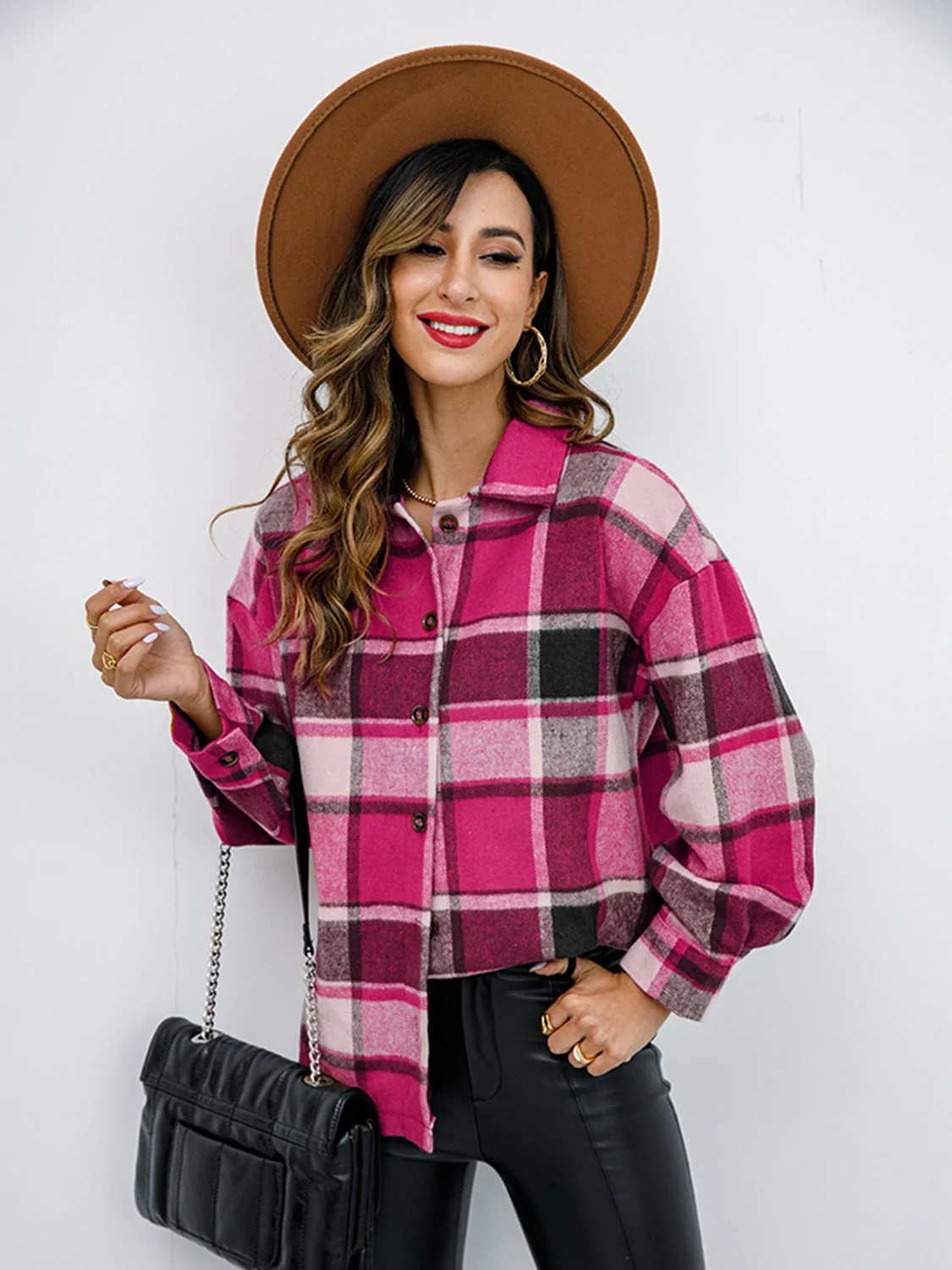 Shiny Plaid Button Up Collared Neck Jacket - Image 9