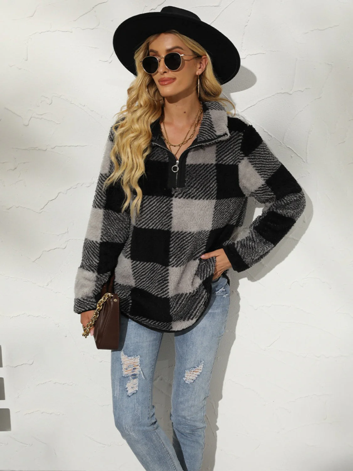Shiny Plaid Half Zip Long Sleeve Sweatshirt - Image 11