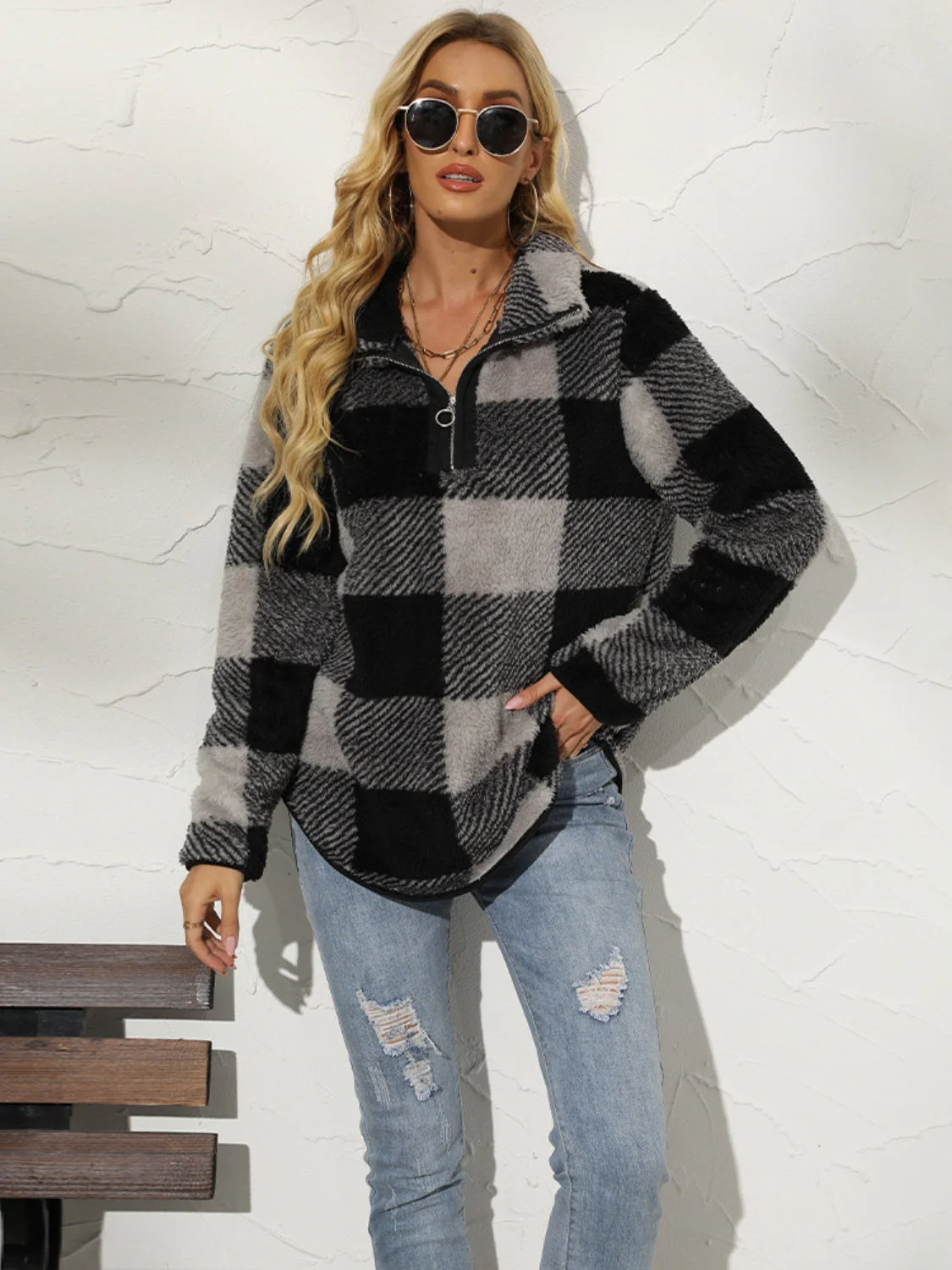 Shiny Plaid Half Zip Long Sleeve Sweatshirt - Image 13