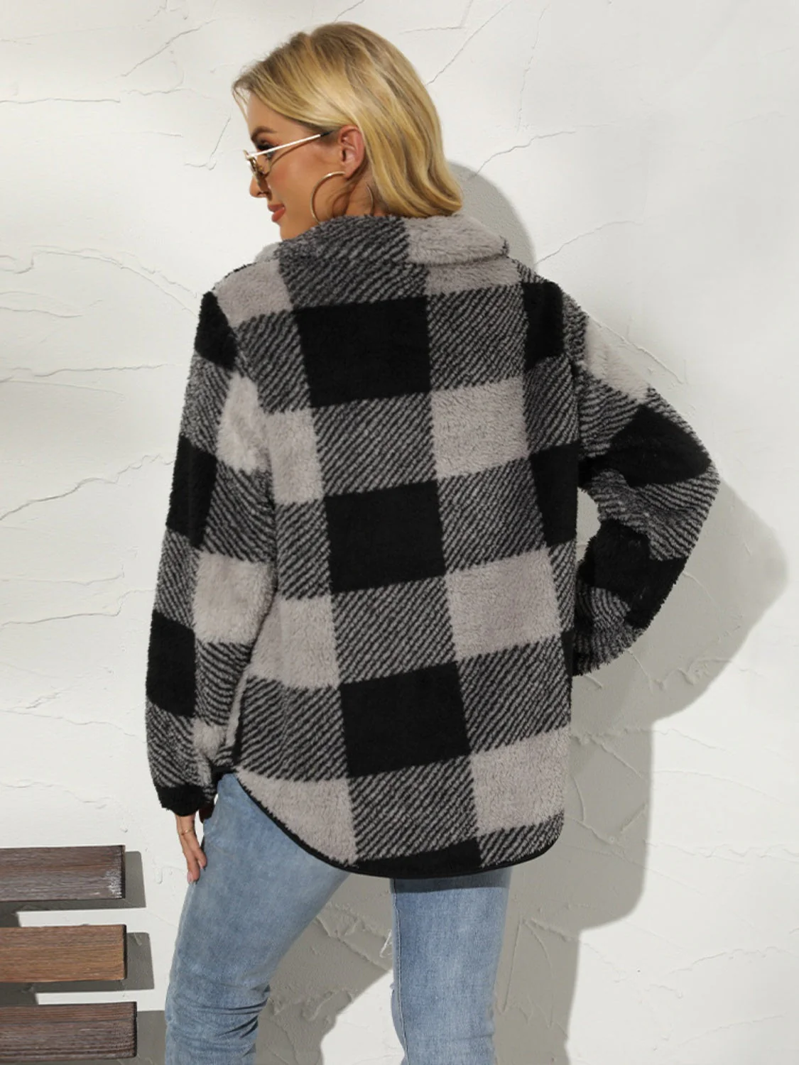 Shiny Plaid Half Zip Long Sleeve Sweatshirt - Image 15