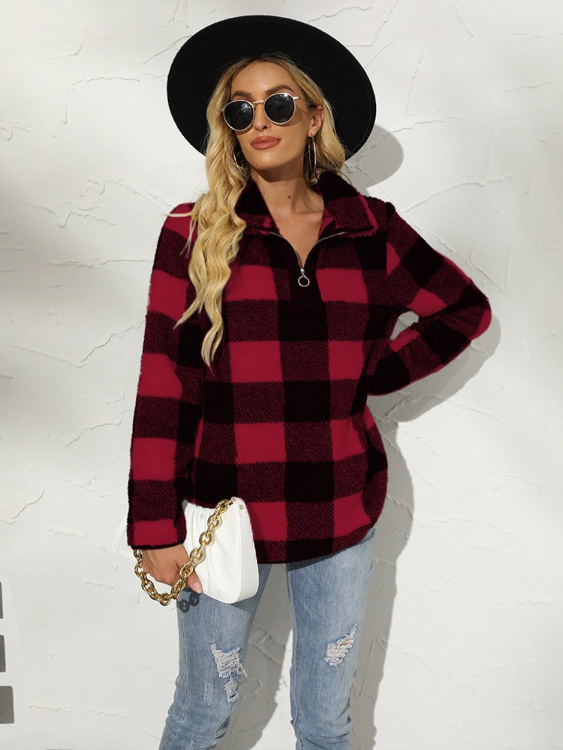 Shiny Plaid Half Zip Long Sleeve Sweatshirt - Image 7