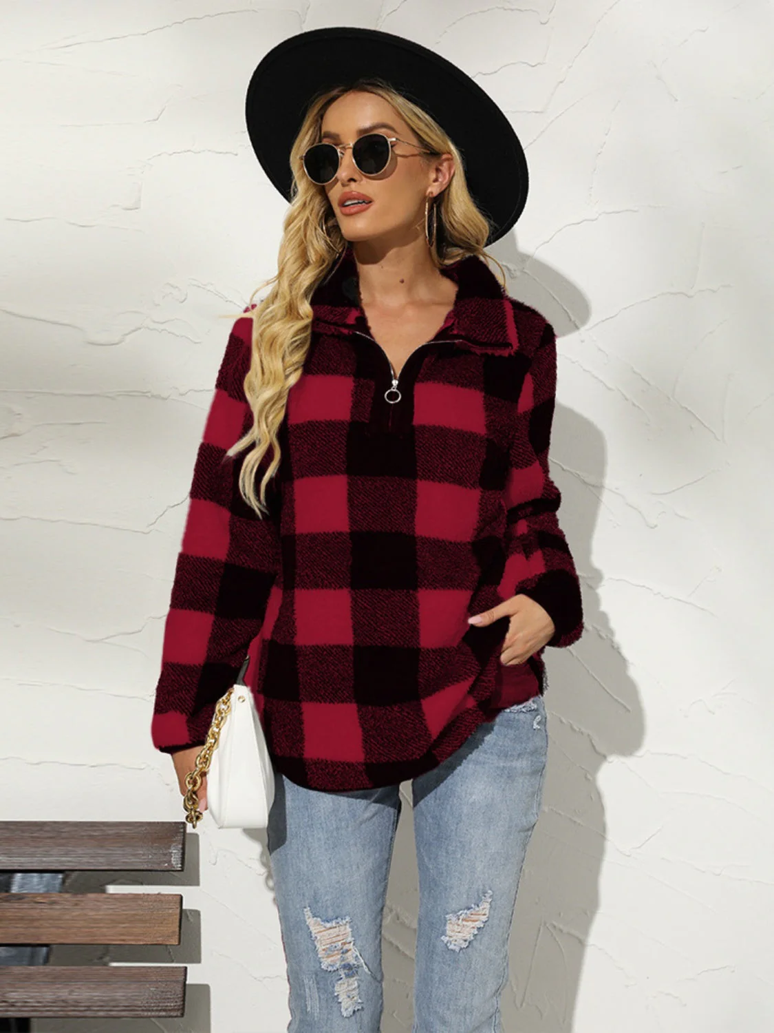 Shiny Plaid Half Zip Long Sleeve Sweatshirt - Image 8