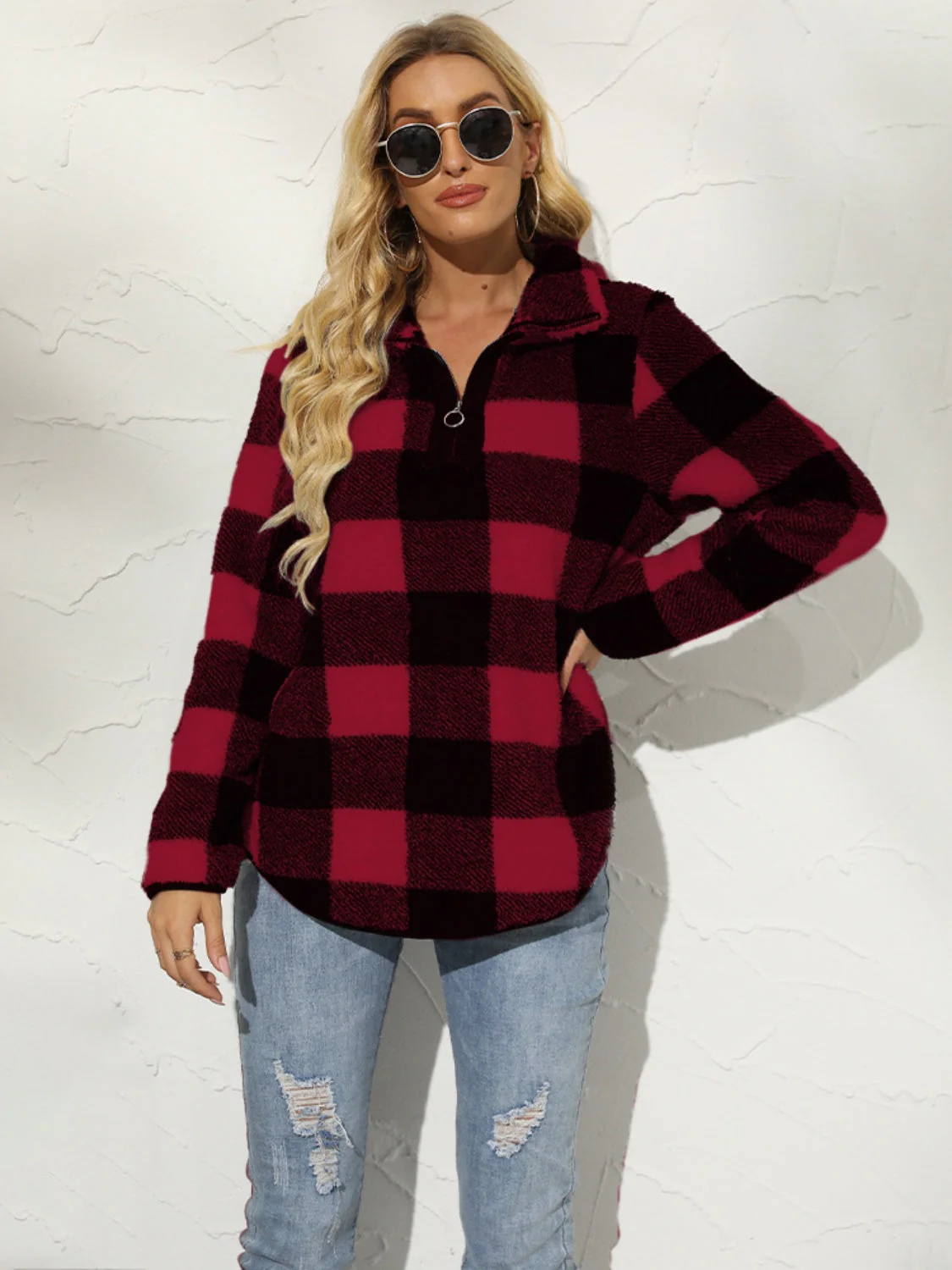 Shiny Plaid Half Zip Long Sleeve Sweatshirt - Image 9