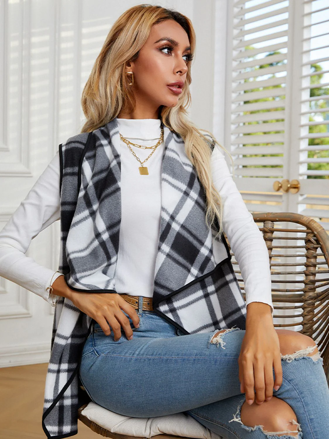 Shiny Plaid Open Front Vest - Image 7