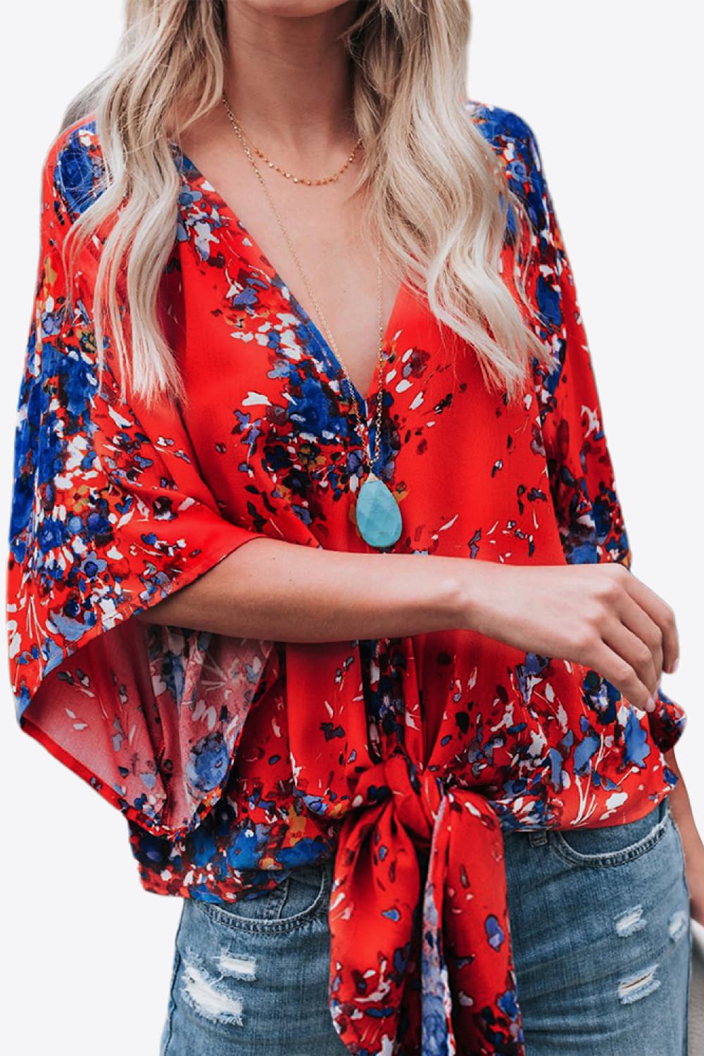 Shiny Printed Deep V Tie Hem Blouse - Image 10
