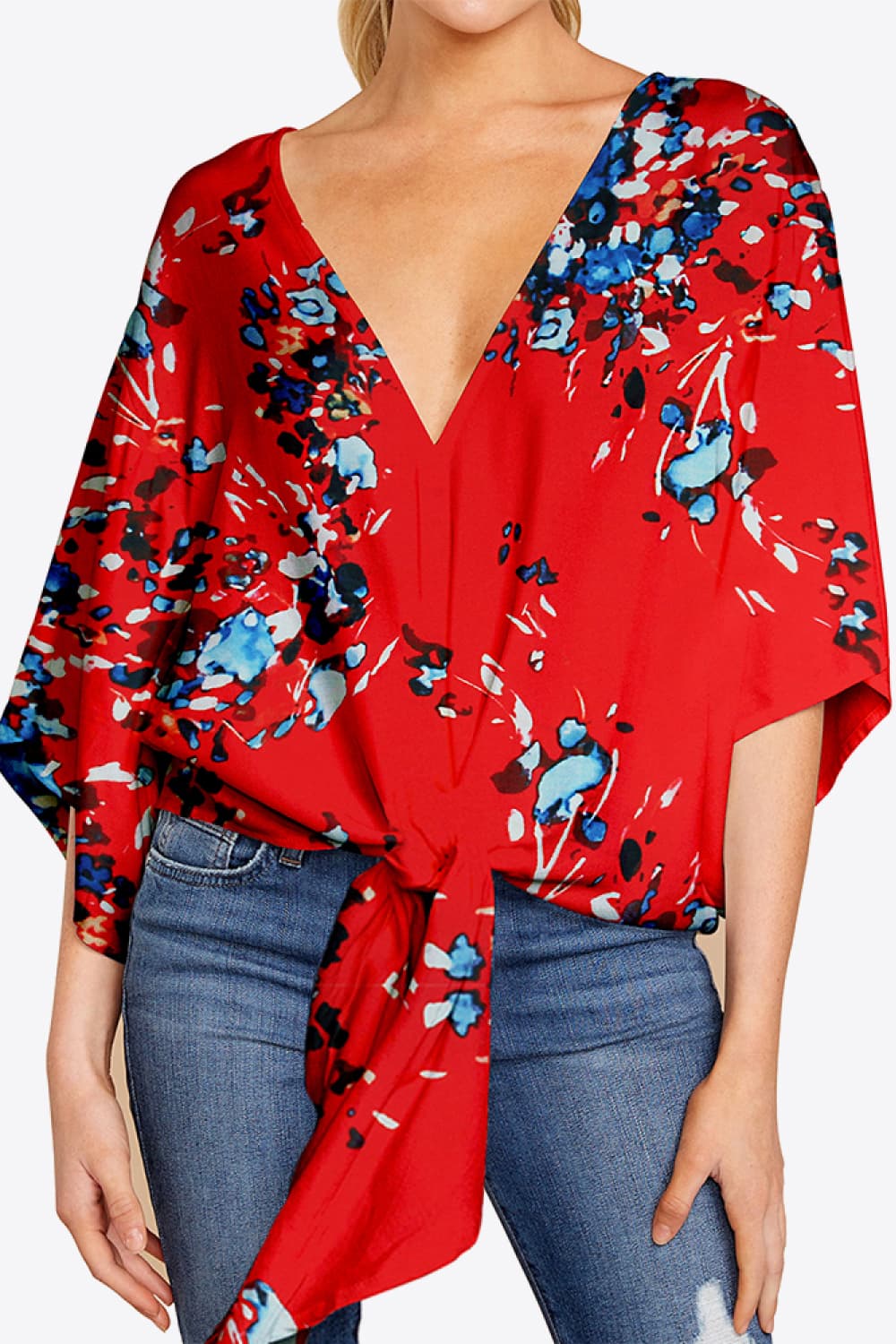 Shiny Printed Deep V Tie Hem Blouse - Image 11