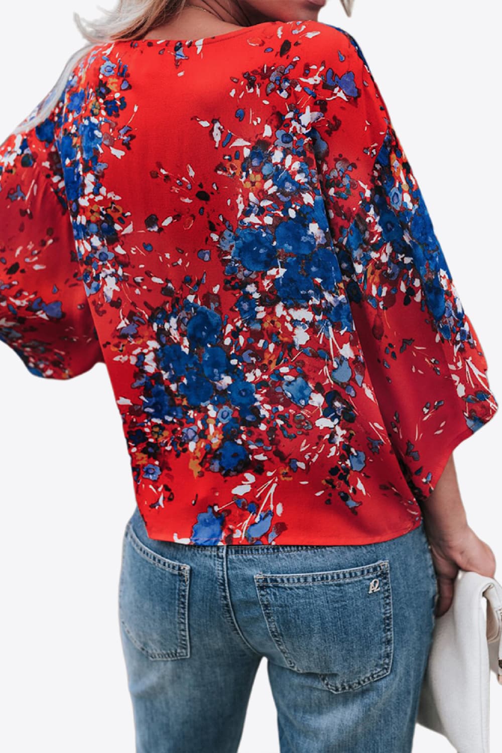 Shiny Printed Deep V Tie Hem Blouse - Image 12