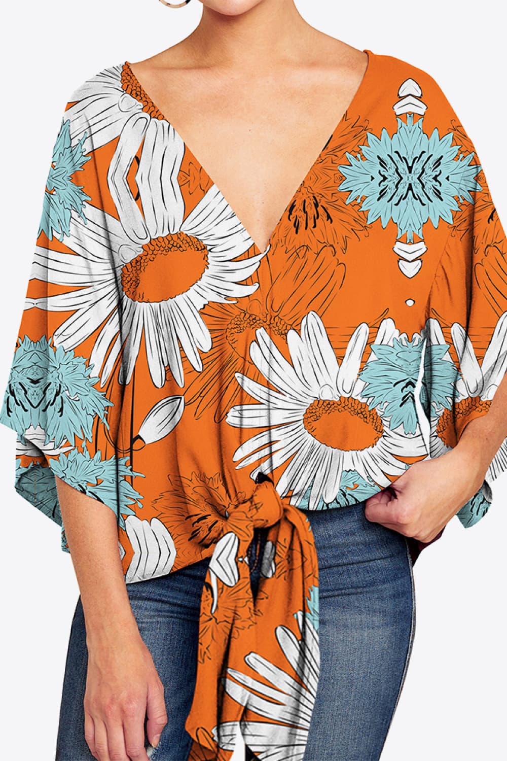 Shiny Printed Deep V Tie Hem Blouse - Image 3