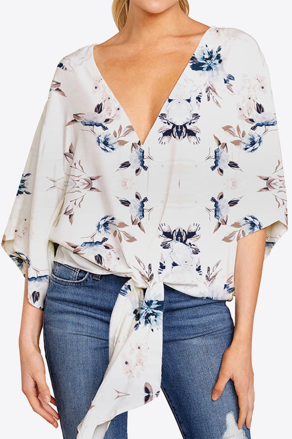 Shiny Printed Deep V Tie Hem Blouse - Image 4