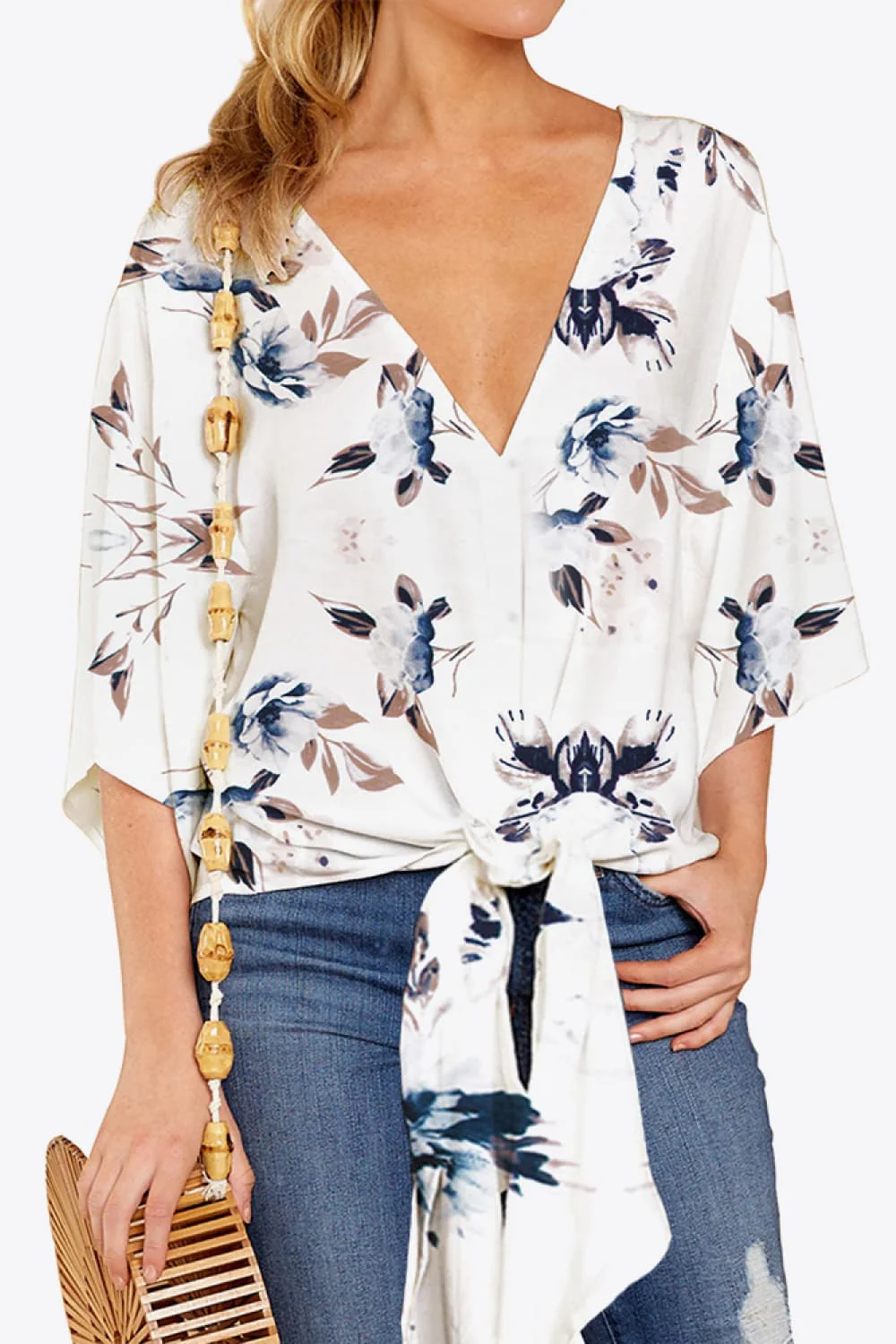 Shiny Printed Deep V Tie Hem Blouse - Image 5