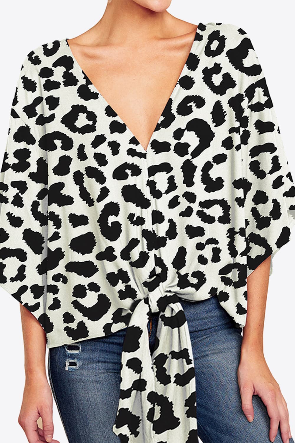Shiny Printed Deep V Tie Hem Blouse - Image 7