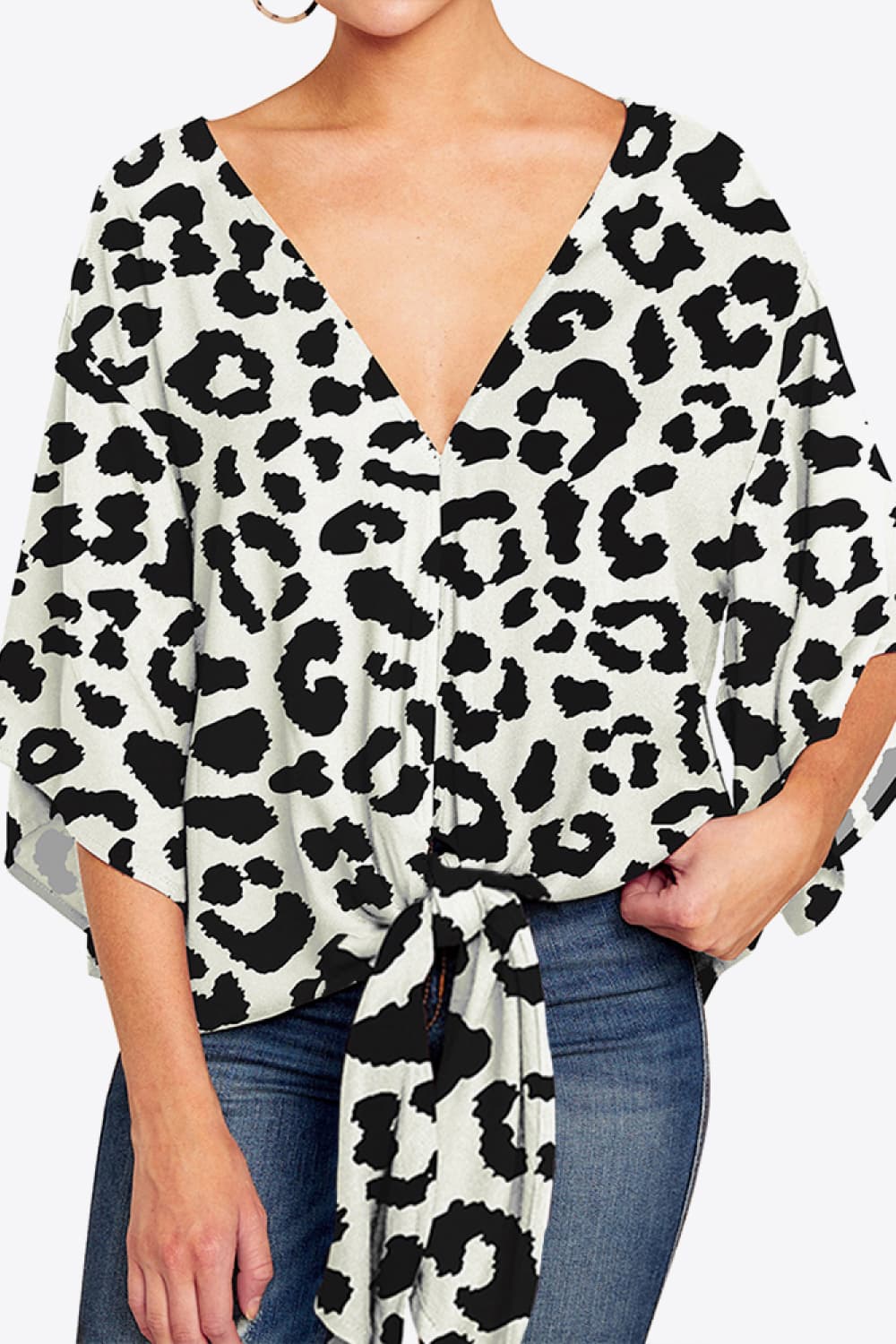 Shiny Printed Deep V Tie Hem Blouse - Image 8