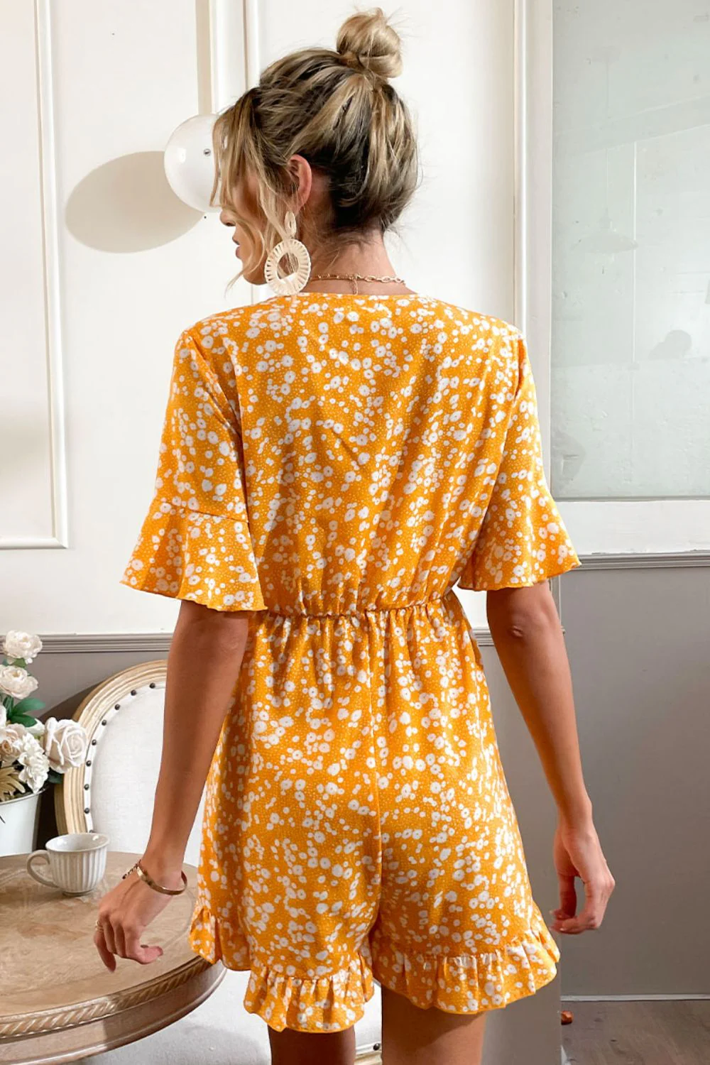 Shiny Printed Surplice Neck Ruffled Romper - Image 2
