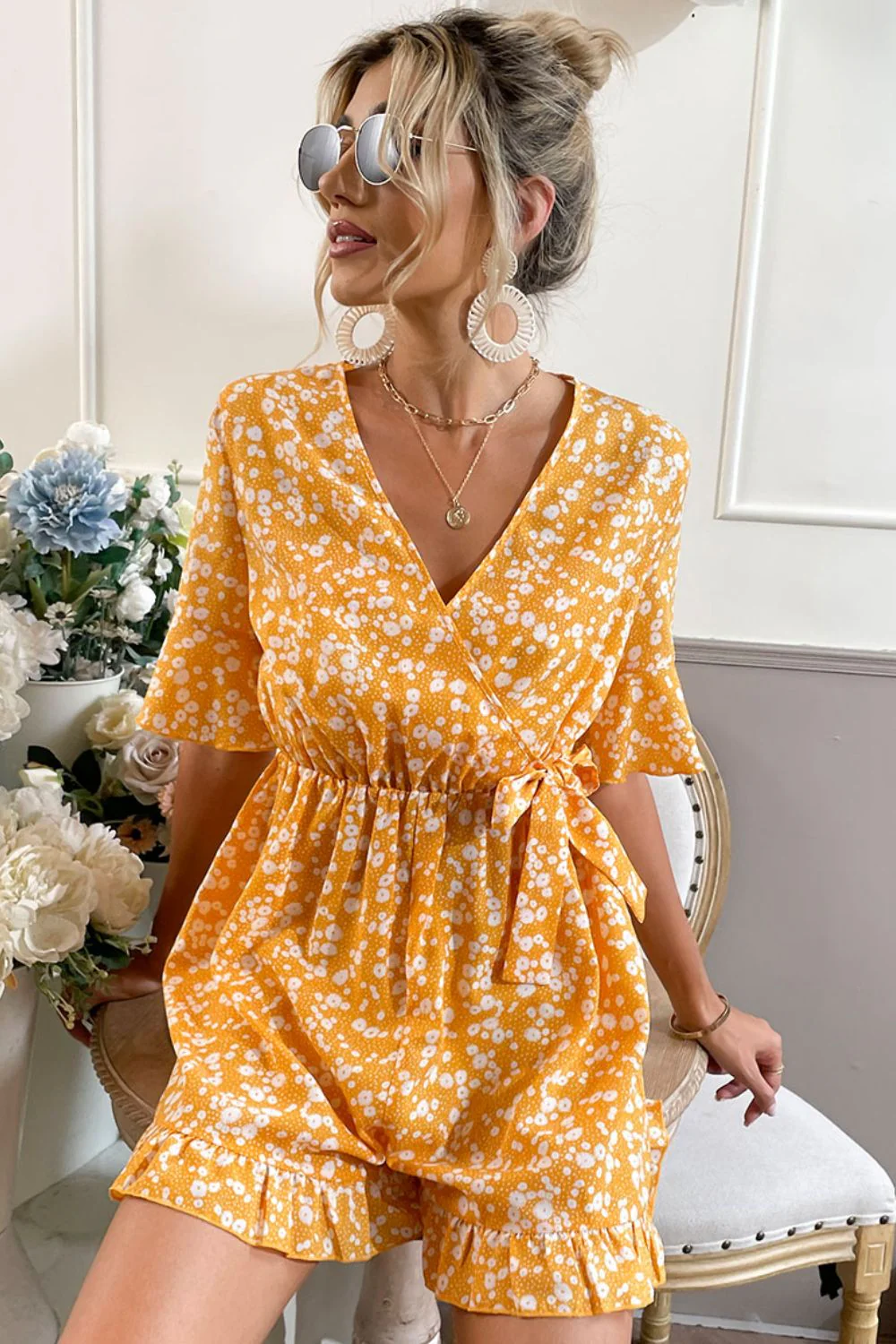 Shiny Printed Surplice Neck Ruffled Romper - Image 3