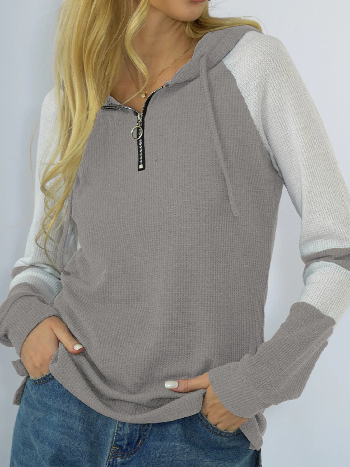 Shiny Quarter-Zip Waffle-Knit Hoodie - Image 3