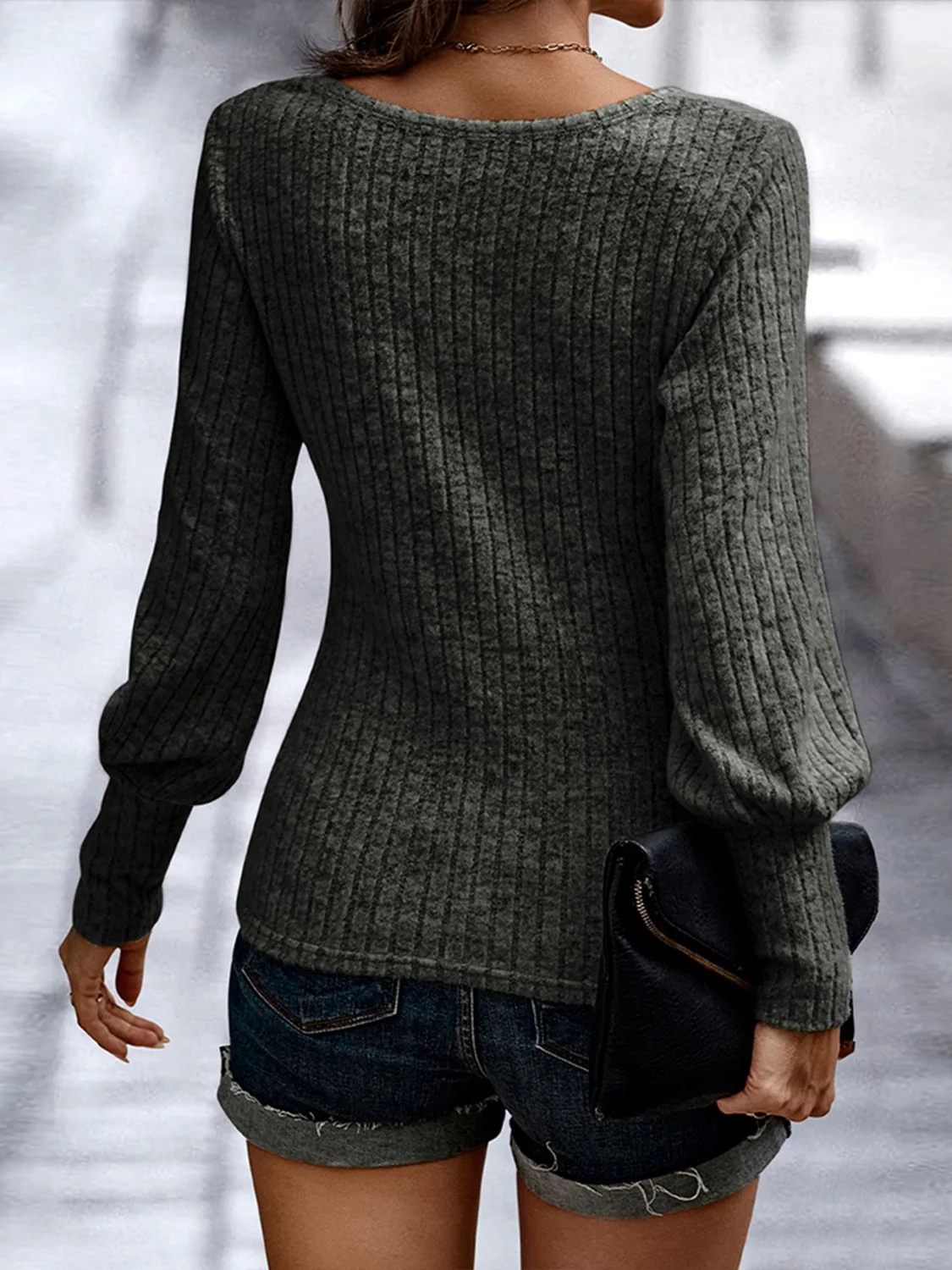 Shiny Ribbed Round Neck Long Sleeve Blouse - Image 2