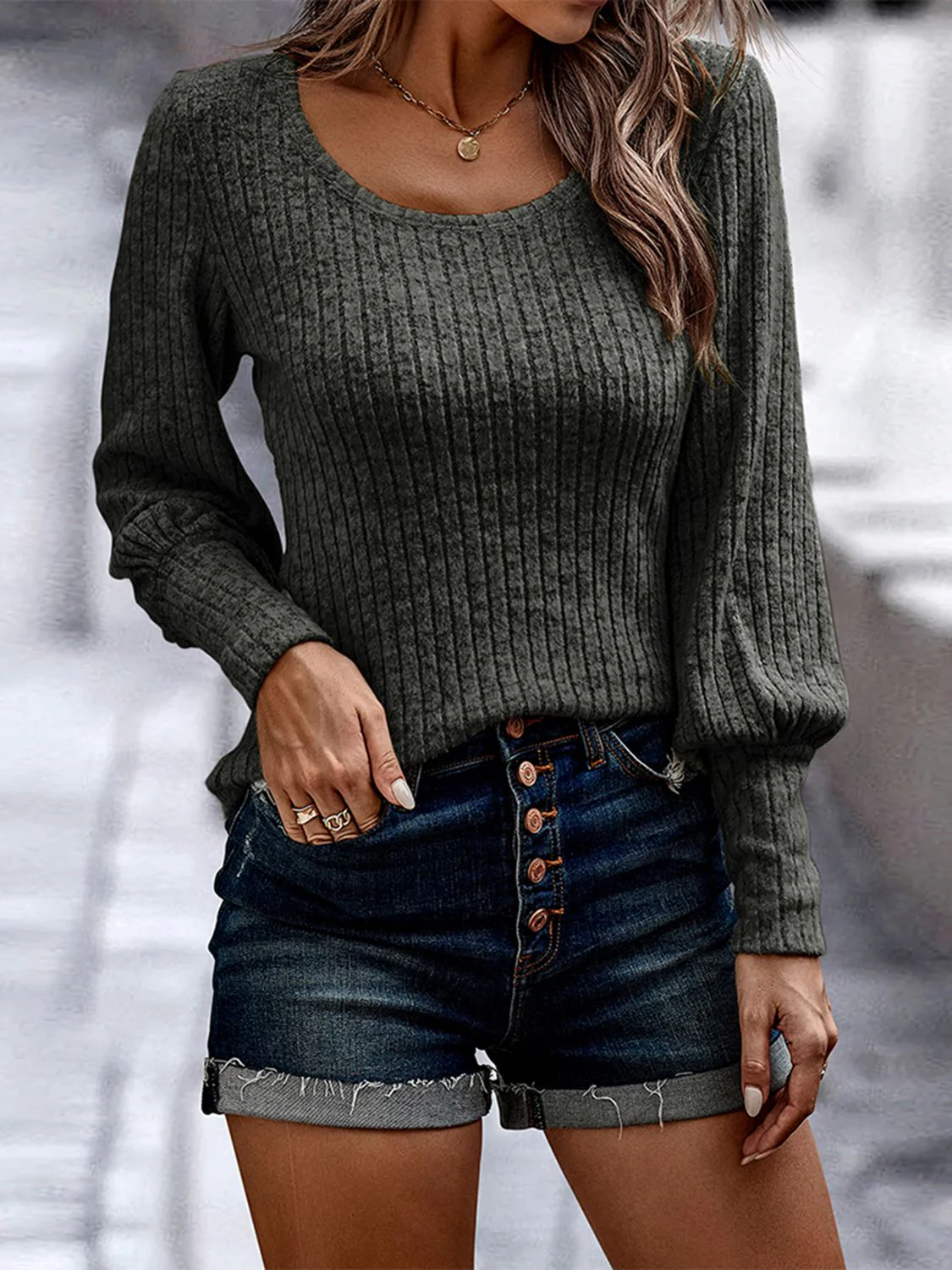 Shiny Ribbed Round Neck Long Sleeve Blouse - Image 5