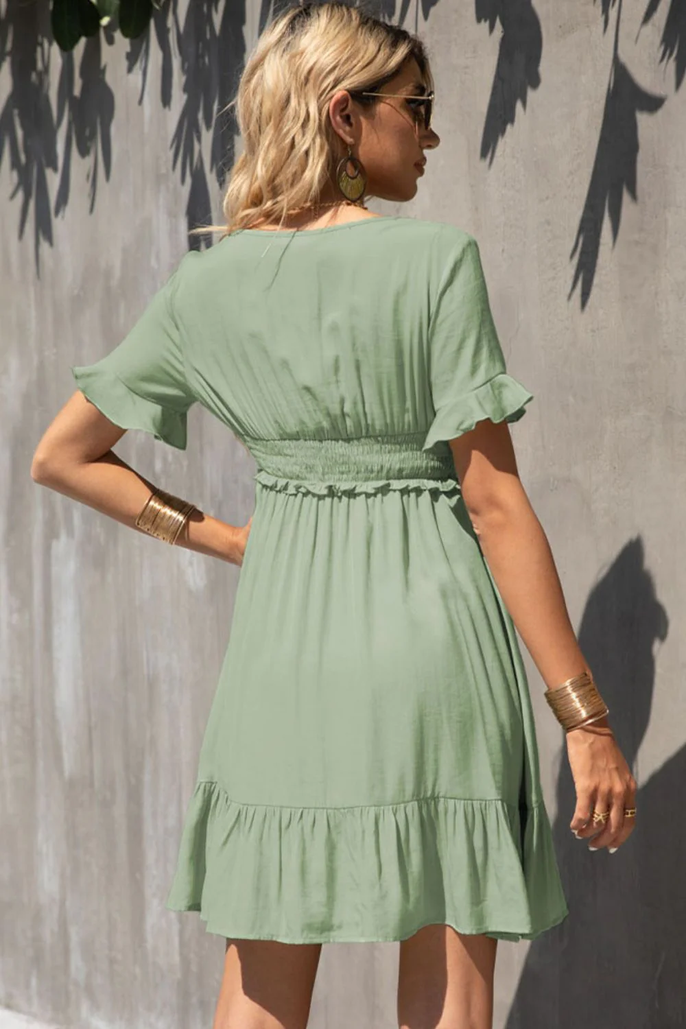 Shiny Smocked Waist Flounce Sleeve Ruffle Hem Dress - Image 2