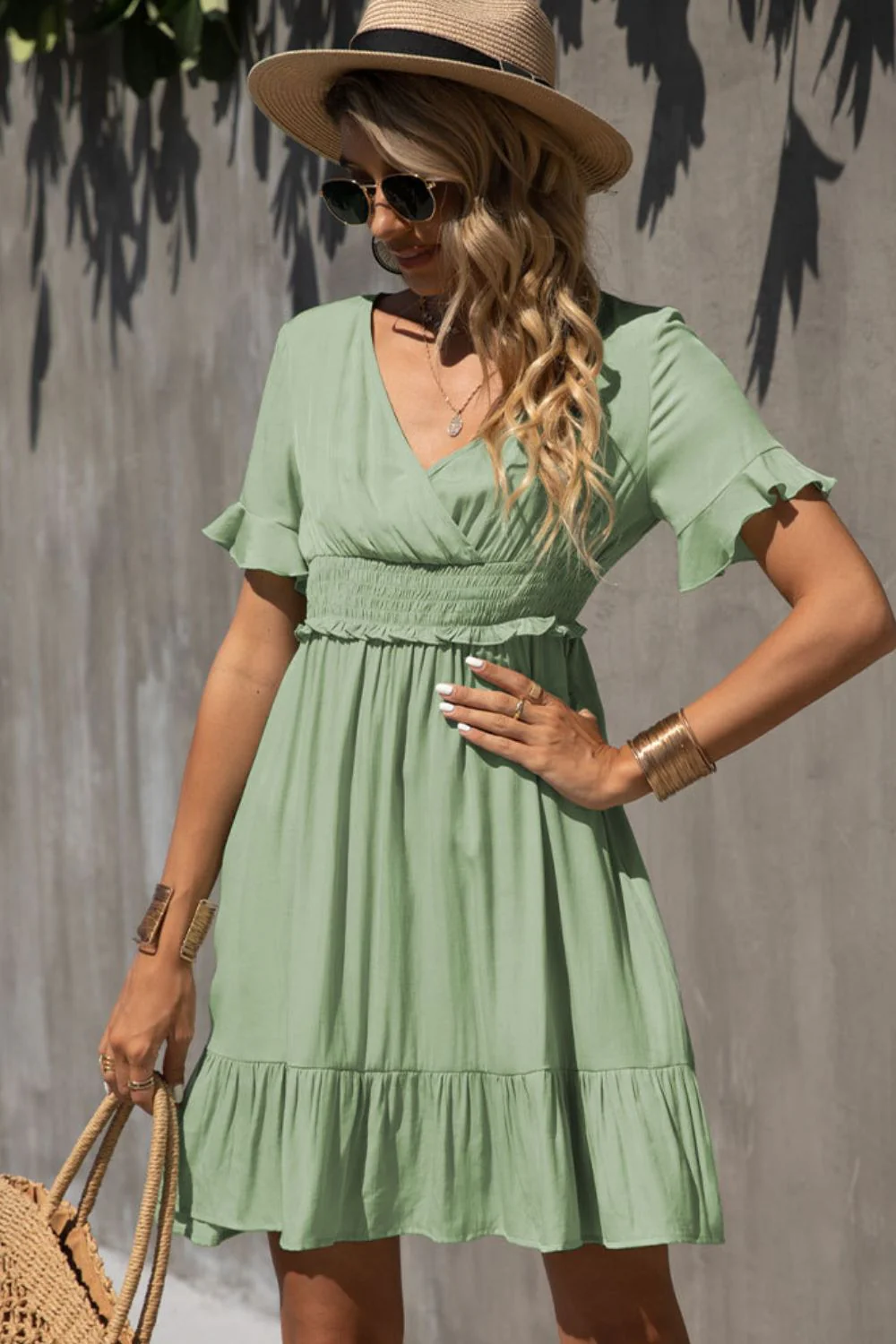 Shiny Smocked Waist Flounce Sleeve Ruffle Hem Dress - Image 5