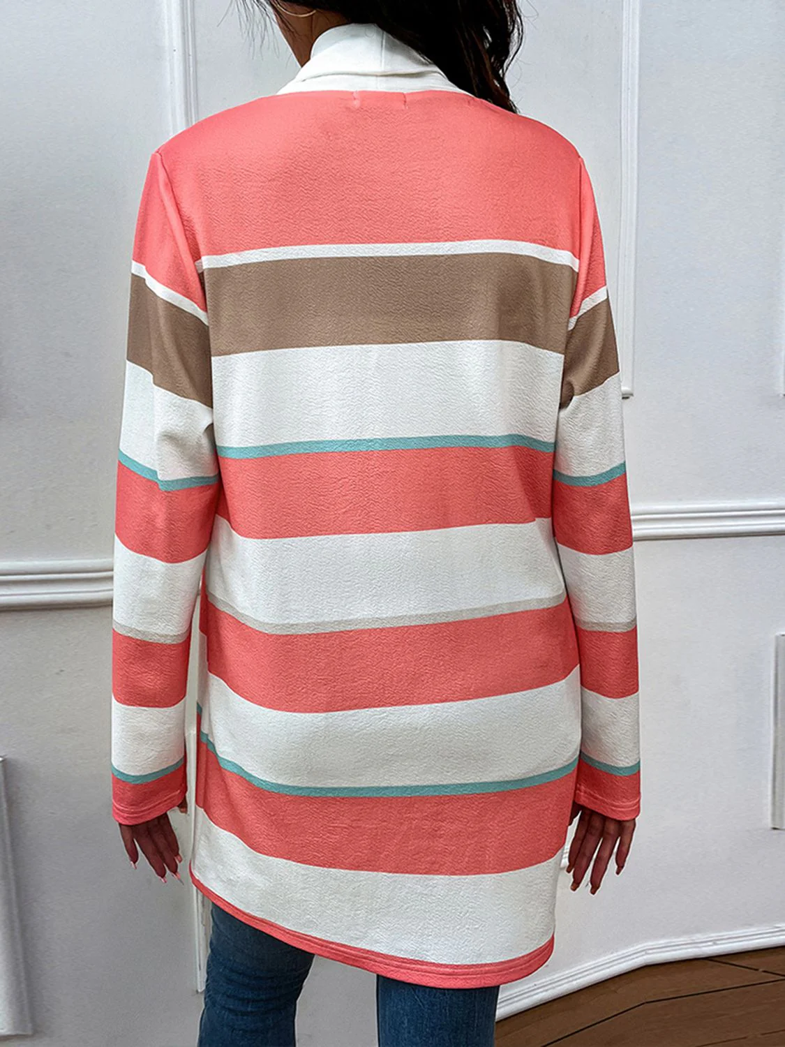 Shiny Striped Open Front Longline Cardigan - Image 2