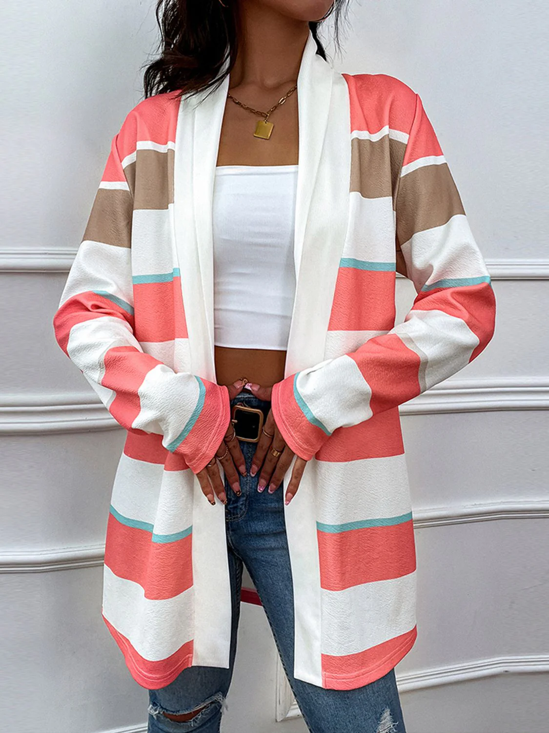 Shiny Striped Open Front Longline Cardigan - Image 3