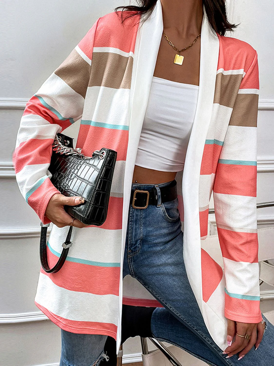 Shiny Striped Open Front Longline Cardigan - Image 4