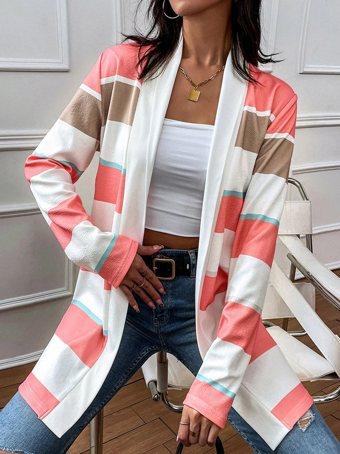 Shiny Striped Open Front Longline Cardigan - Image 5