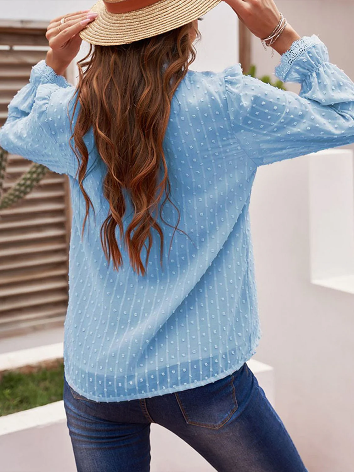 Shiny Swiss Dot Flounce Sleeve Blouse - Image 2