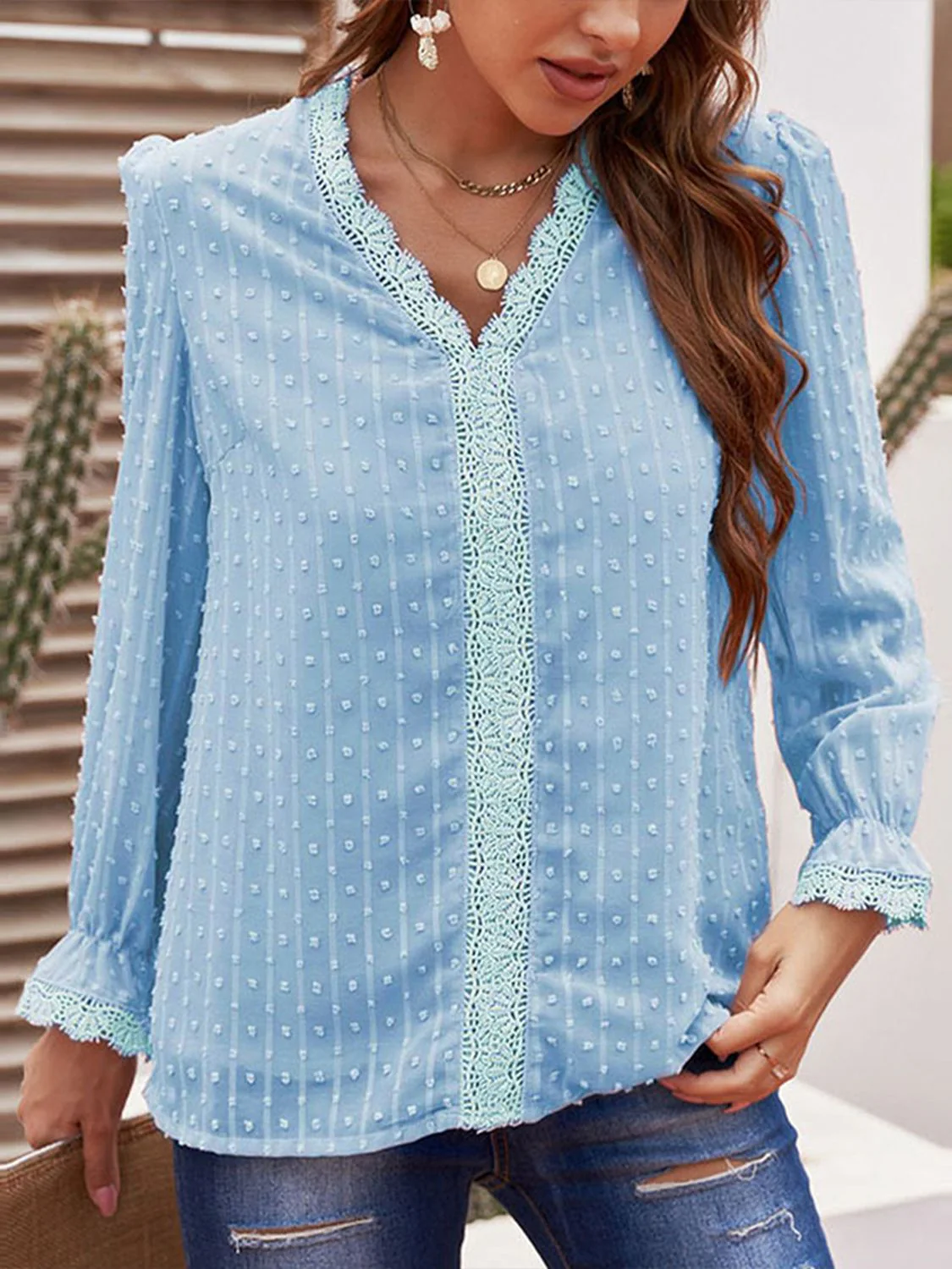 Shiny Swiss Dot Flounce Sleeve Blouse - Image 3