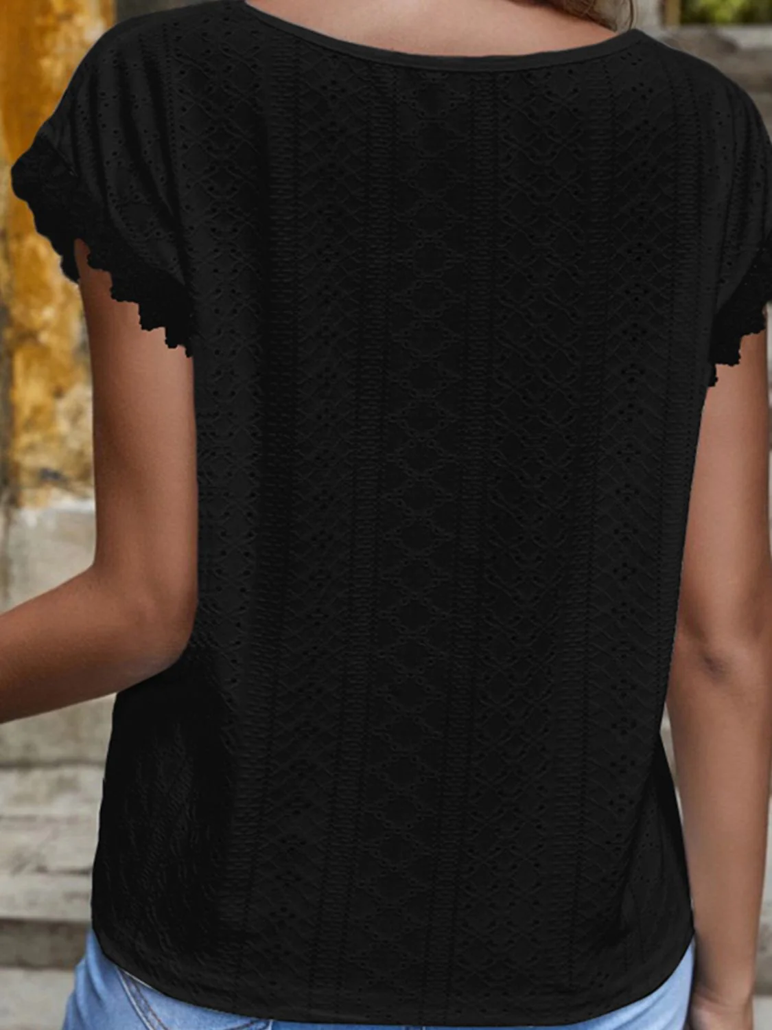 Shiny V-Neck Eyelet Short Sleeve Top - Image 2